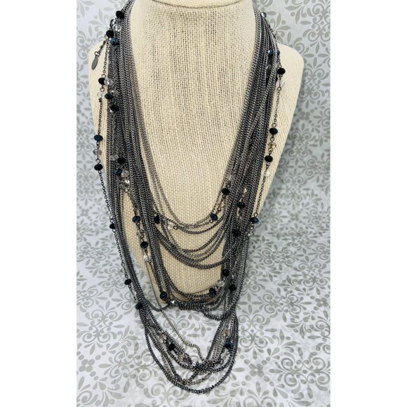 Multi-Layered Metallic Silver Chains Necklace Black Beaded Accents 14.5in - Picture 1 of 2